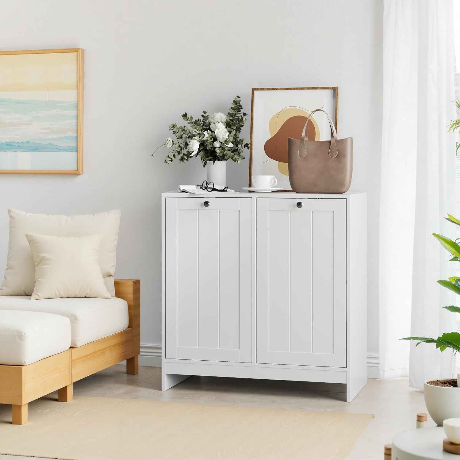Tilt-Out Double Laundry Hamper Cabinet, White, 26.8" H x 26" W x 12" D, 5.9 Gal Capacity, MDF Construction.