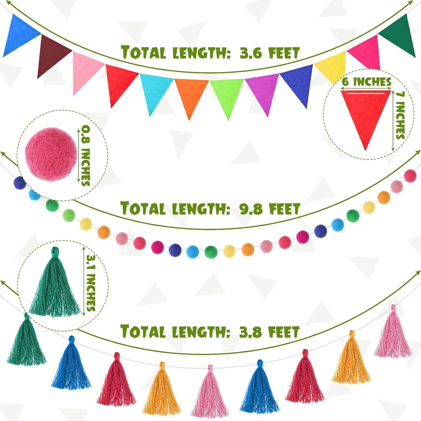 Irenare 9.8 ft Pom Pom Garland Felt Colorful Tassel Banner Christmas Party Pompoms Garland Decorations Felt Pennant Banner for Classroom Home Mantel Fireplace Birthday(Multicolor)