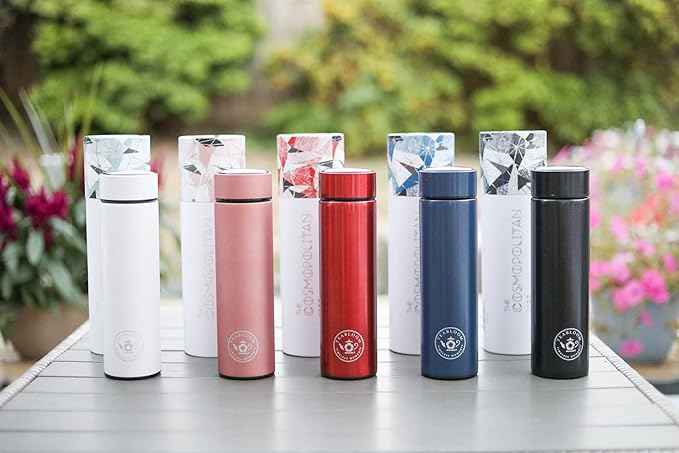 Teabloom ORIGINAL All-Purpose Beverage Tumbler - 16 oz - 480 ml - Brushed Metal Insulated Water Bottle/Tea Flask/Cold Brew Coffee Mug - Extra-Fine Two-Way Infuser Travel Bottle - Ruby Red
