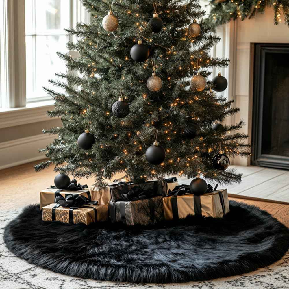 AOGU 24 Inch Faux Fur Christmas Tree Skirt Black Plush Skirt for Merry Christmas Party Christmas Tree Decoration