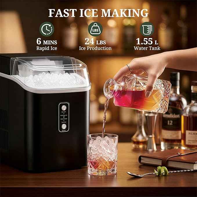 Nugget Ice Maker Countertop, 6-Min Fast Chewable Pellet Ice, 24lbs/24H Portable Ice Machine with Self-Cleaning, Ice Full & Low Water Indicator, Basket & Scoop for Home, Party, RV, Camping (Black)