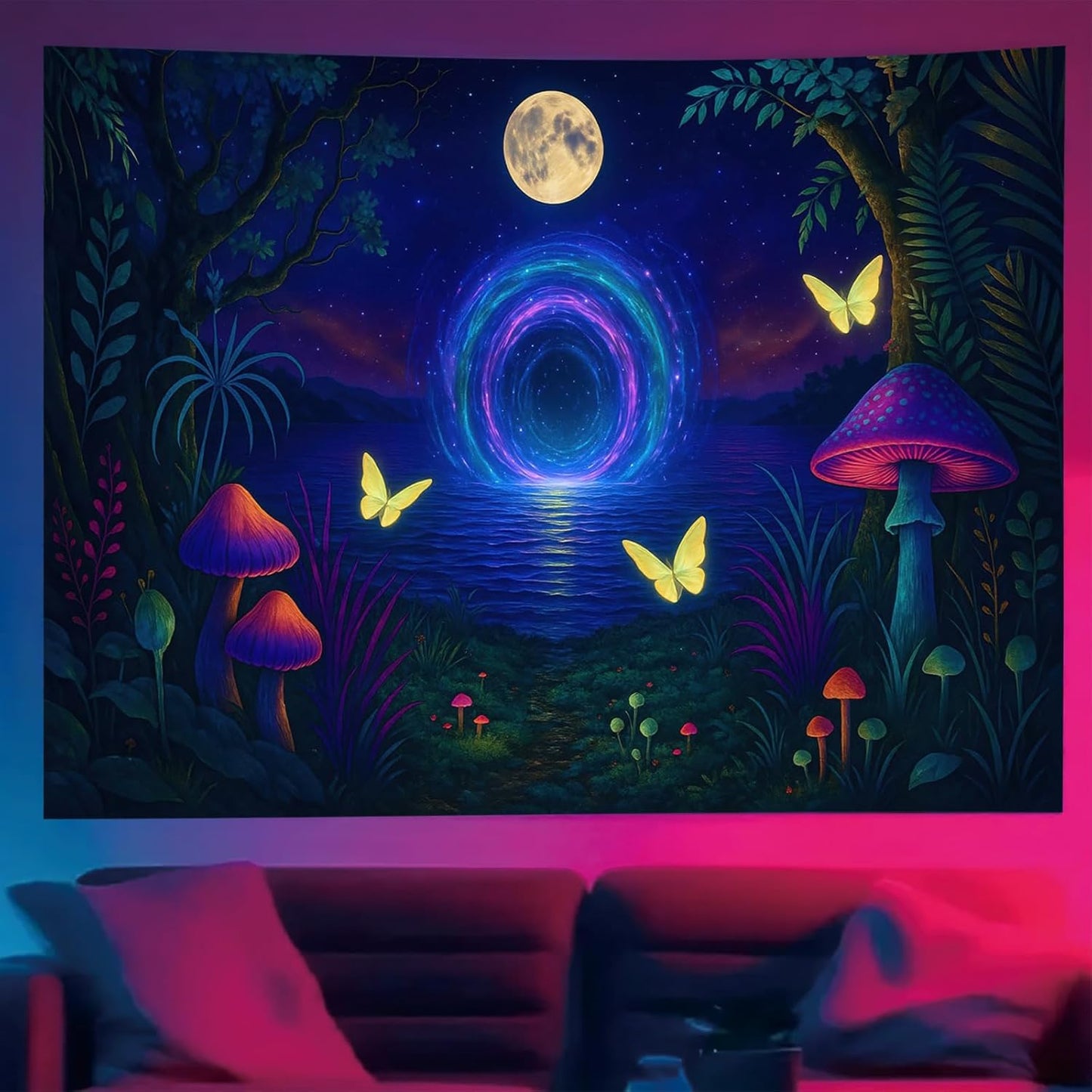 Starlit Patio Glowing Mushrooms Blacklight Tapestry UV Reactive Wall Hanging Psychedelic Portal Butterflies Moonlit Lake for Bedroom Dorm Living Room Fantasy Nature Decor Fluorescent Trippy Poster 78 x 59 Inch