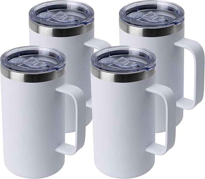 DOMICARE 24oz Mug with Handle and Lid, Stainless Steel Coffee Mug, Travel Mug with Handle, Double Wall Vacuum Coffee Tumbler, Reusable Insulated Cup, White, Pack 4