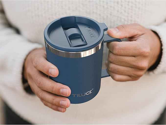 TILUCK 12 oz Insulated Coffee Mug with Lid, Double Wall Vacuum Insulated Travel Mug Cup with Handle for Hot or Cold Drinks（12oz，Matte DarkBlue）