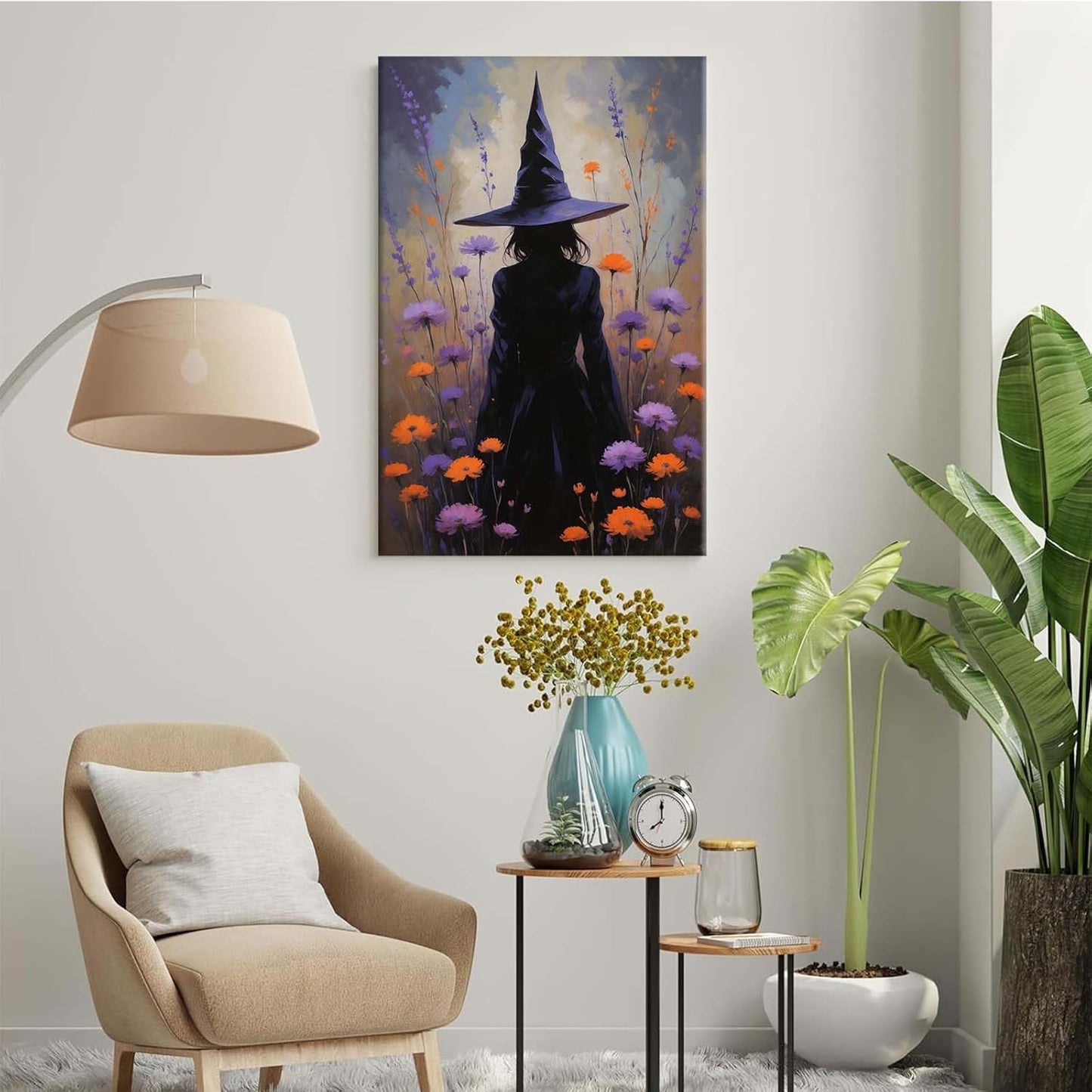 JFHCQJPK Country wildflower witch canvas print halloween mashup art witch purple decoration bohemian elegant art poster16x24in Frameless