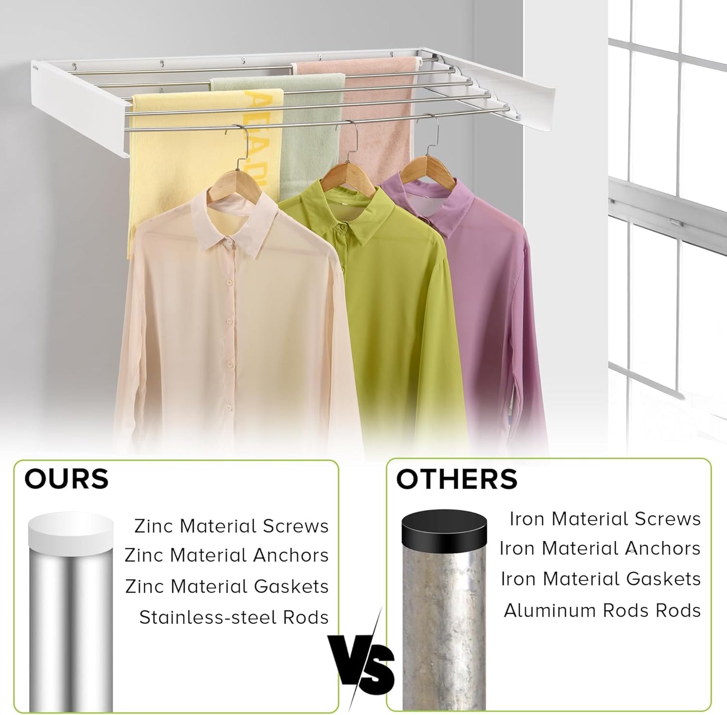 Wall Mounted Laundry Drying Rack, Retractable Clothes Drying Rack for Bathroom with Wall Template, 5 Stainless Rods Heaving 60 lb Capacity (White, 40")