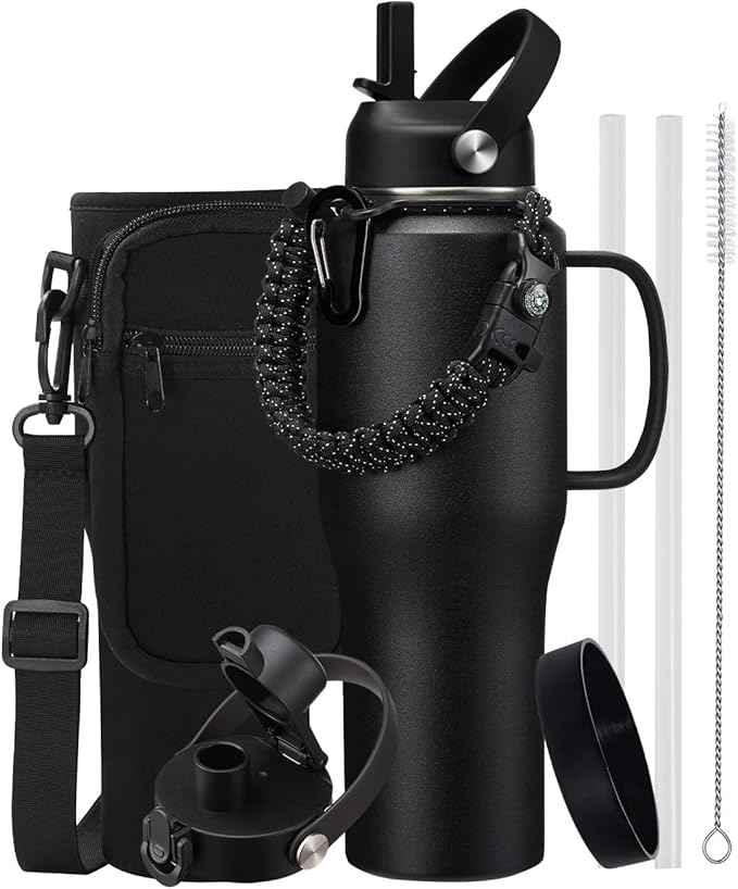 32oz 40oz Insulated Water Bottle with Handle - Straw & Auto Spout Lid, Protective Boot, Stainless Steel Water Bottle with Carrier Bag, Leak-proof Coffee Tumbler, Water Flask Fit in Car Cup Holder