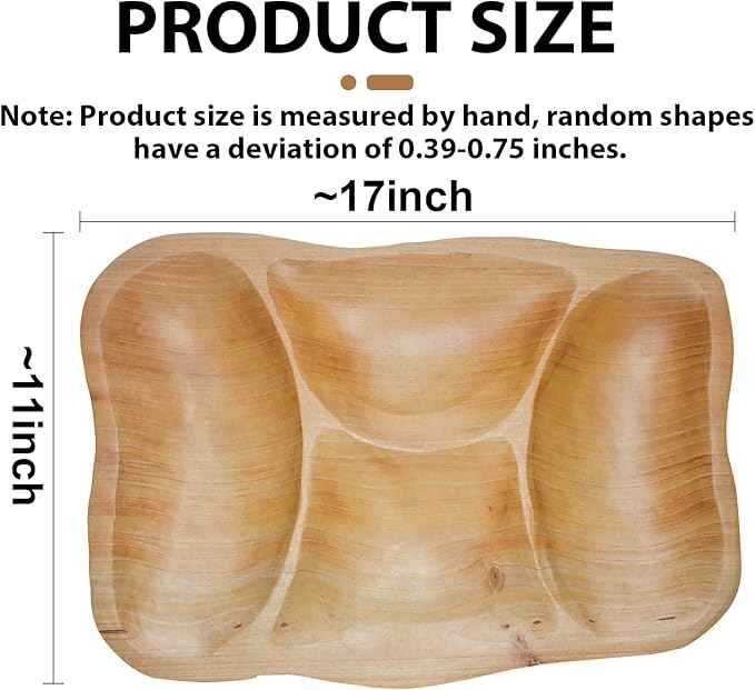 BTEOBFY Natural Wood 4-Compartment Divided Fruit Tray, Live Edge Handmade Serving Platter for Snacks, Sandwiches, Appetizers, Unique Hand-Carved Rustic Design