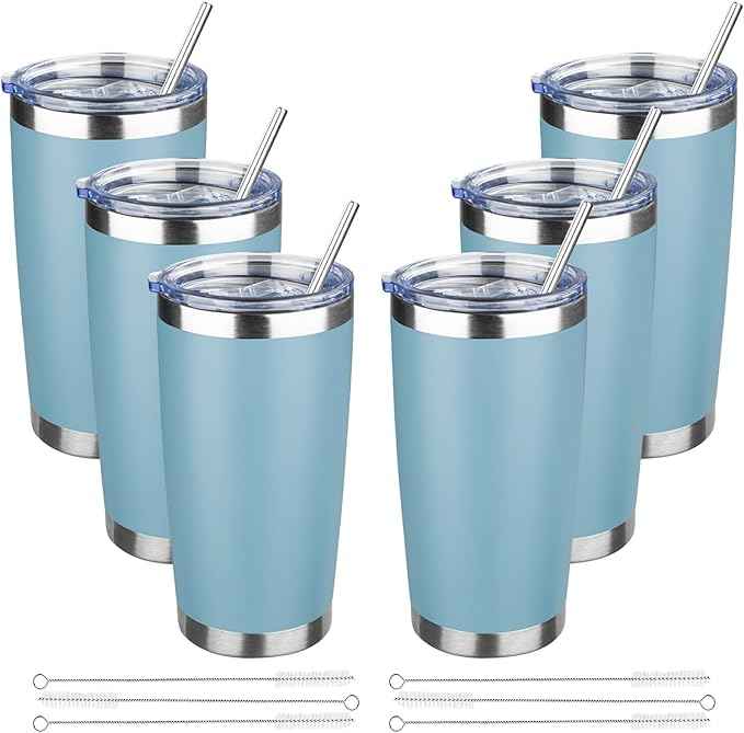 20 oz Tumbler with Lids and Straws, Stainless Steel Insulated Travel Coffee Mug, Double Wall Vacuum Insulated Tumblers, Powder Coated Coffee Tumbler for Cold & Hot Drinks (Maya Blue, 6 Pack)