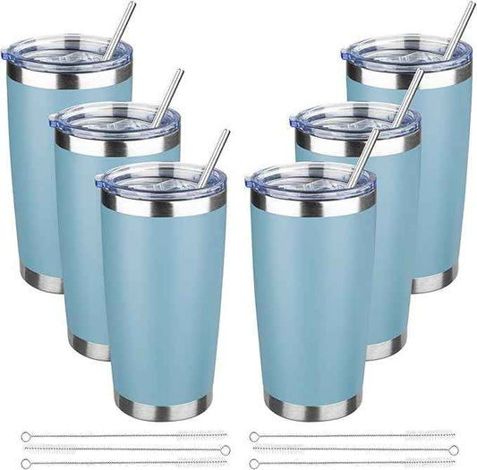 20 oz Tumbler with Lids and Straws, Stainless Steel Insulated Travel Coffee Mug, Double Wall Vacuum Insulated Tumblers, Powder Coated Coffee Tumbler for Cold & Hot Drinks (Maya Blue, 6 Pack)