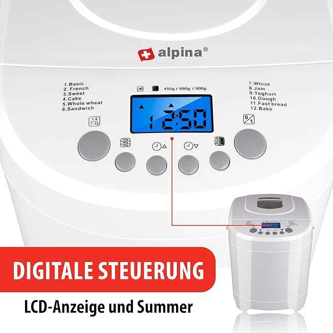 alpina Bread maker - Bread machine - small to large Breads: 450-680-900g - Timer - 12 Baking programs - also for Cake, Jam and Ketchup - 600W, White