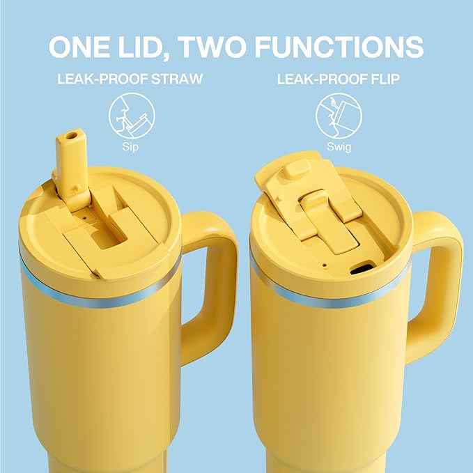 ENCOOL 40 oz Tumbler with Handle and Straw: Stainless Steel Insulated Tumbler Keeps Cold for 24 Hours, Leakproof Travel Cup Fits in Cup Holder and BPA-Free,Elfin Yellow