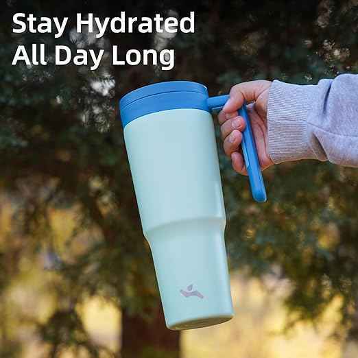 Konokyo Insulated Tumbler with Handle and Straw,40 OZ Vacuum Stainless Steel Water Bottle Travel Mug Metal Cup with Fruit Diffuser,Mist Blue