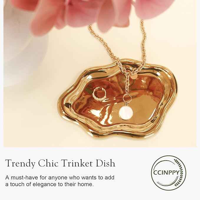 CCINPPY Ceramic Jewelry Tray Trinket Dish, Decorative Cloud Vanity Key Tray for Women, Ring Holder Dish, Cute Jewelry Plate Bowl Room Decor Aesthetic, Gold, Large