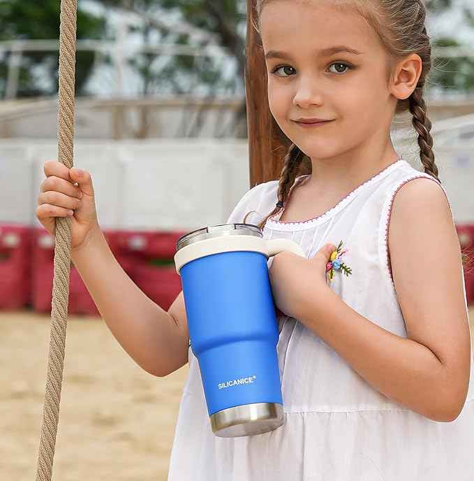 24oz Hygienic Insulated Tumbler with Handle —100% Leakproof Lid with Removable Spout & Straw, Reinforced Vacuum-Protection Base, Cup Holder Friendly, for Travel,Office & School-Blue