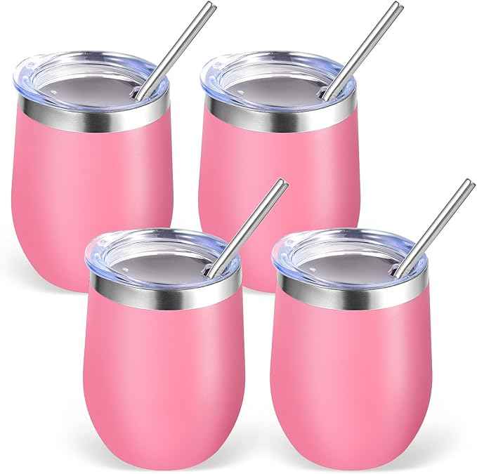 Volhoply 12oz Stainless Steel Wine Tumbler with Lid Bulk 4 Pack,Double Wall Vacuum Stemless Wine Glasses,Reusable Metal Travel Coffe Mug with Straw,Insulated Cup Gifts for Women,Christmas（Pink,4 Set）
