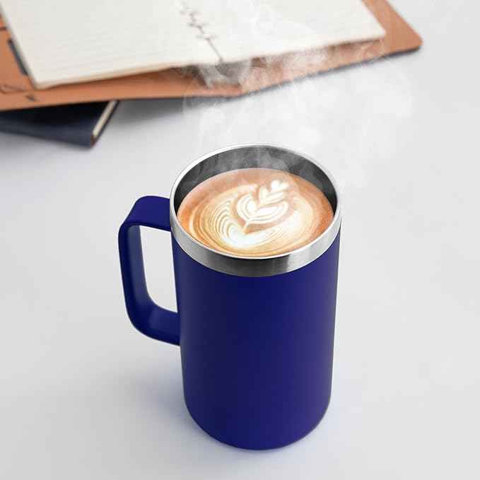 DOMICARE 24oz Mug with Handle and Lid, Stainless Steel Coffee Mug, Travel Mug with Handle, Double Wall Vacuum Coffee Tumbler, Reusable Insulated Cup, Dark Blue, Pack 8