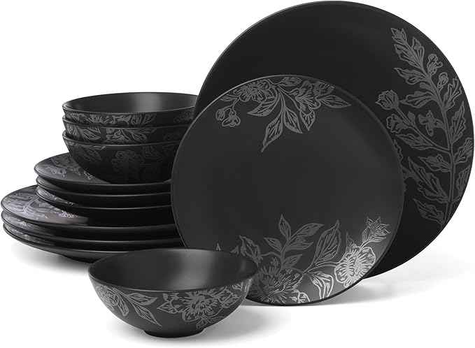 Oneida 897391 Roseto 12-Piece Dinnerware Set, Charcoal