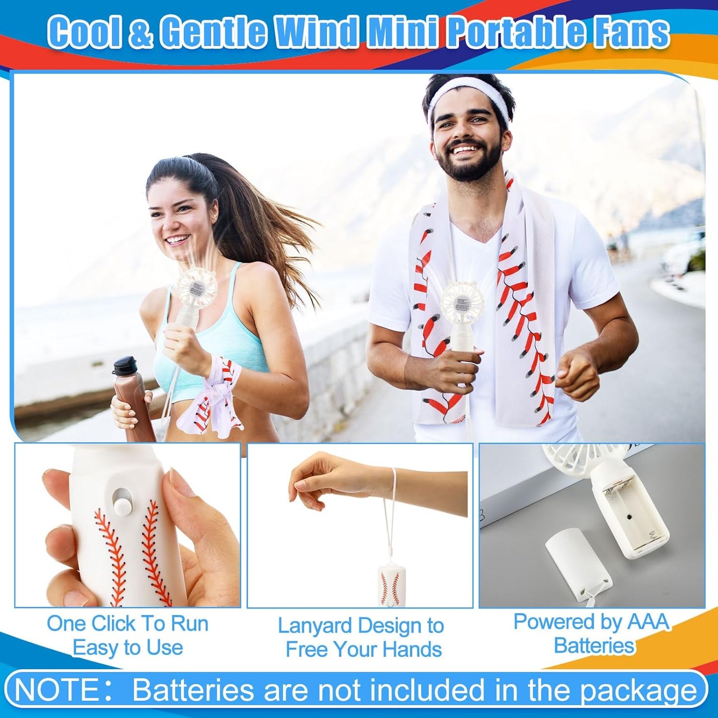Glooglitter 24 Pcs Baseball Cooling Towels and Fans Set Mini Handheld Fans Bulk 32 x 12 Inch Ice Towel Chilly Handheld Battery Powered Fan Sport Gifts for Summer Team Gift Travel Camping Makeup Yoga