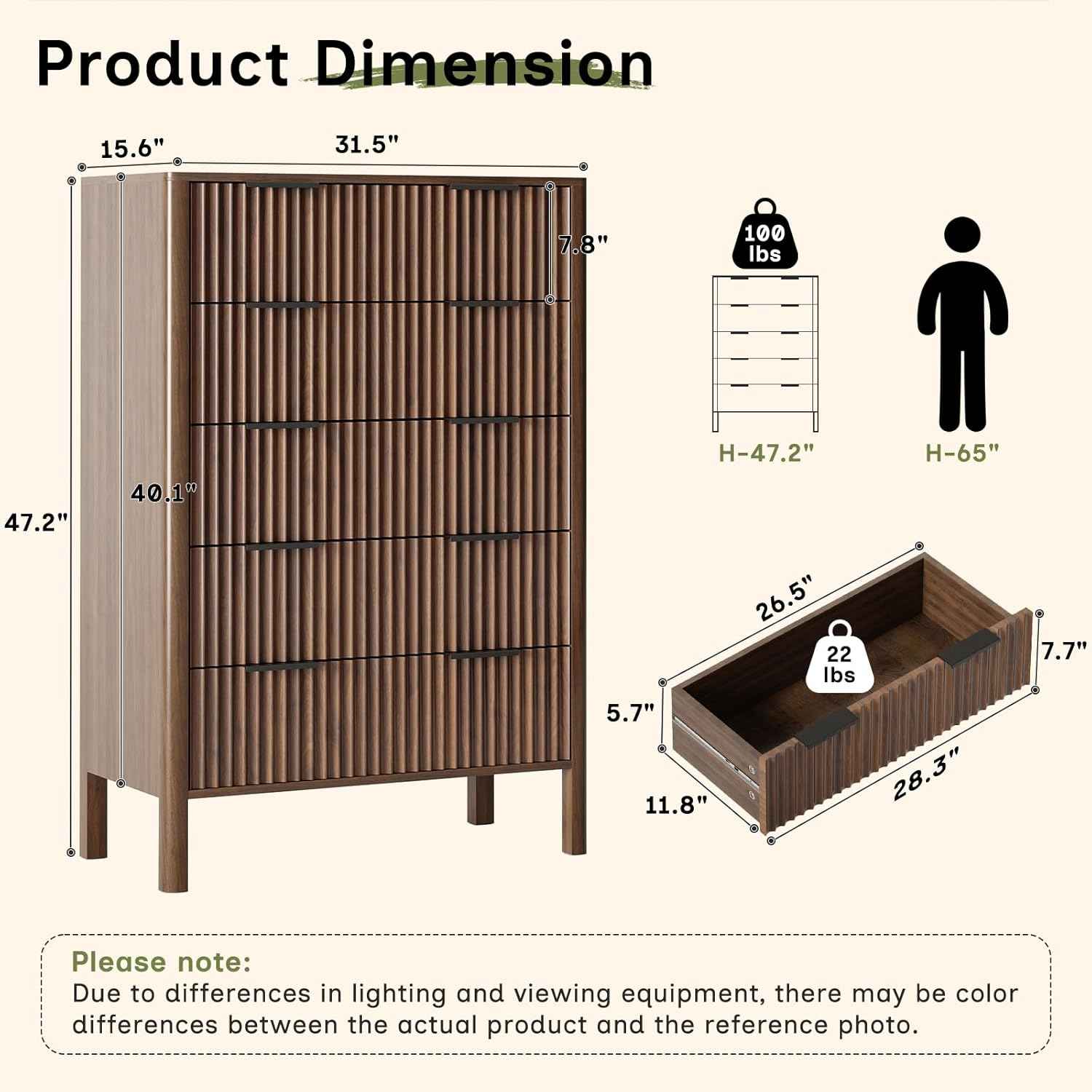 47 Inch Tall Dressers for Bedroom Fluted 5 Drawer Dresser, Wooden Dresser Modern Chest of Drawers Dressers with Organizer Storage for Bedroom, Living Room, Entryway, Walnut