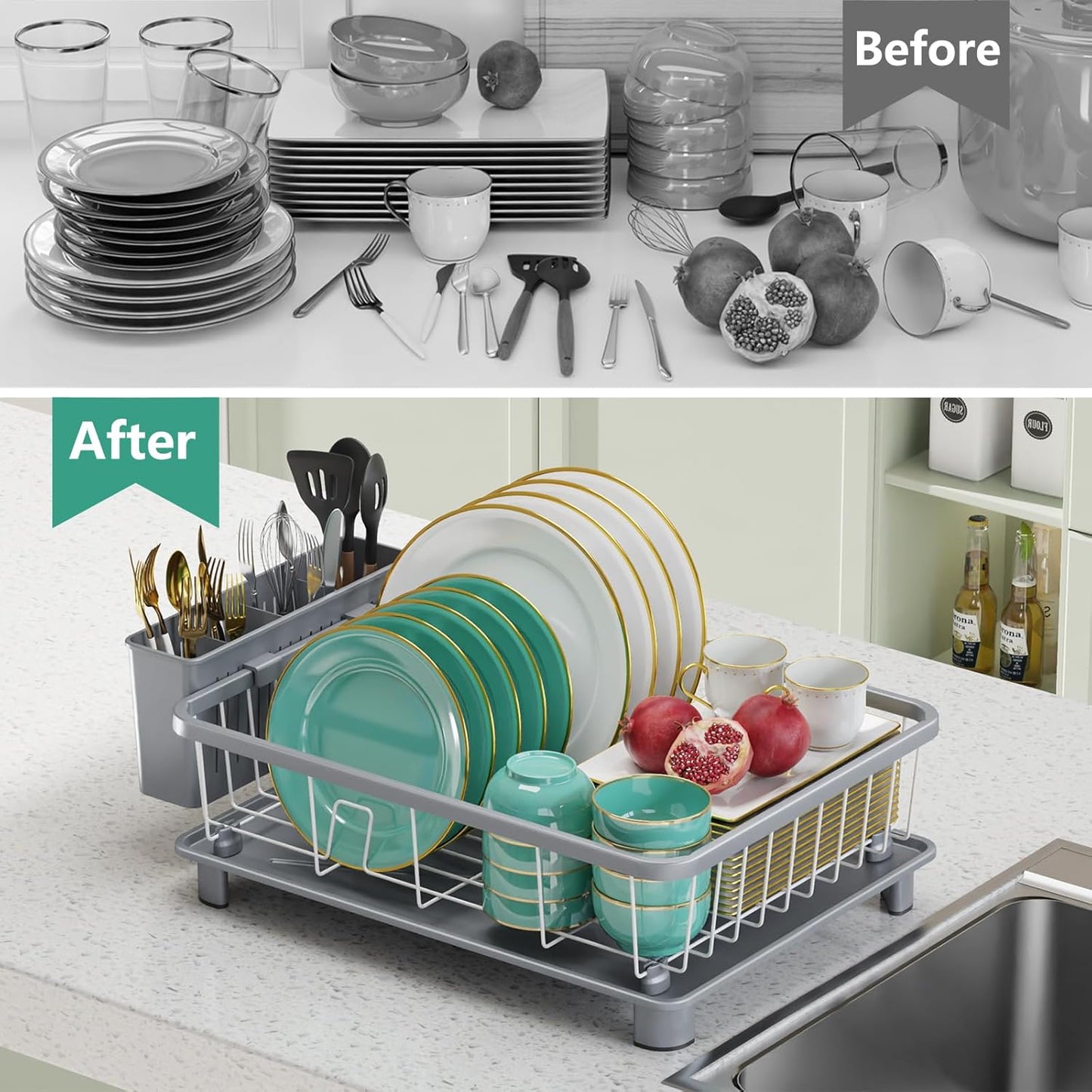 Hiviweer Dish Drying Rack - Space-Saving Dish Rack,Dish Racks for Kitchen Counter with Drainboard, Rustproof Dish Drainer with a Removable 4-Compartment Utensil Holder,Gray
