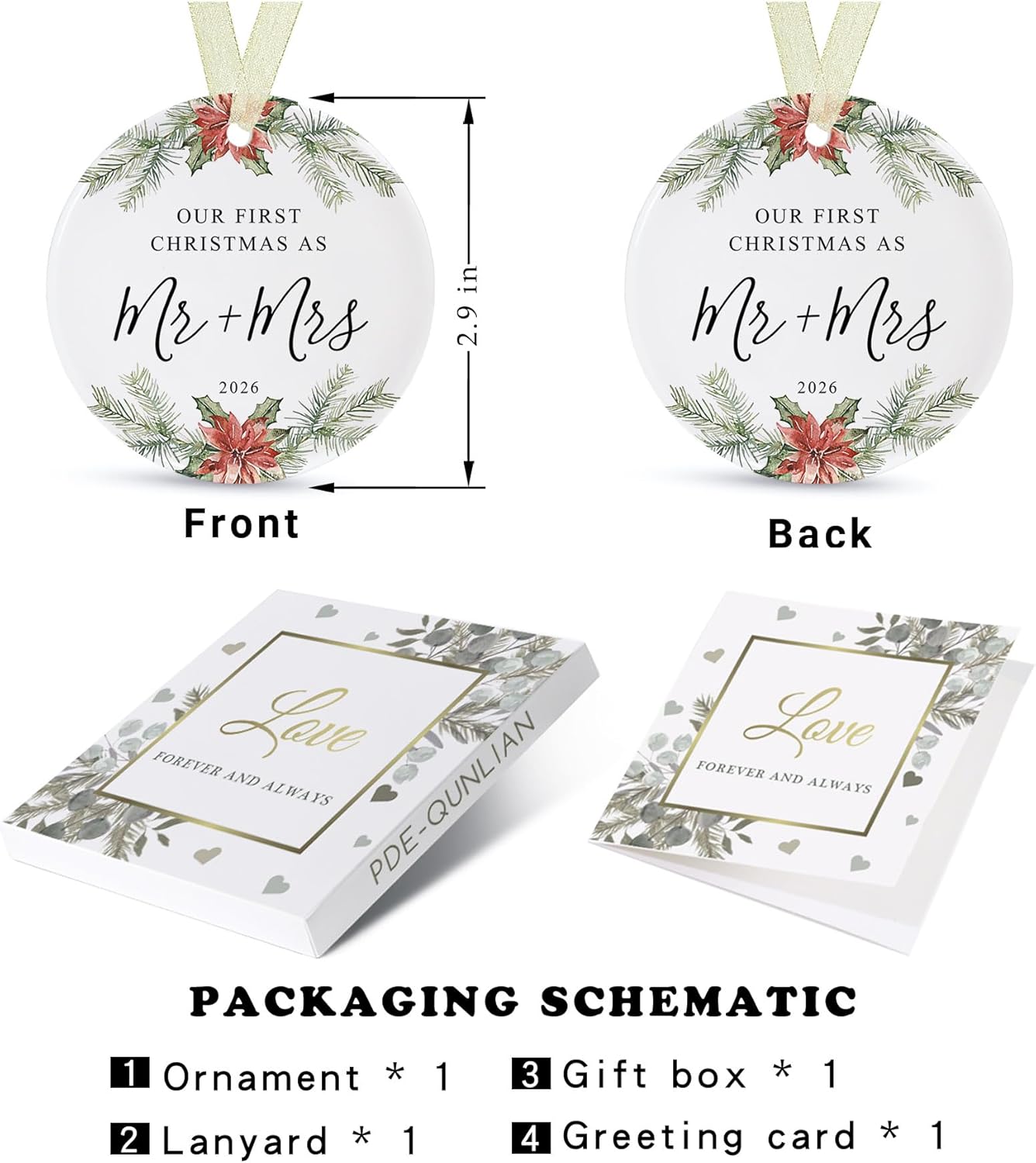 First Christmas as Mr and Mrs Ornament 2026,1st Year Wedding Ornament for Newlywed,Our First Married Christmas Ornament,Ceramic Hanging Decoration for Couples Just Married with Gift Box&Ribbon 2.9"