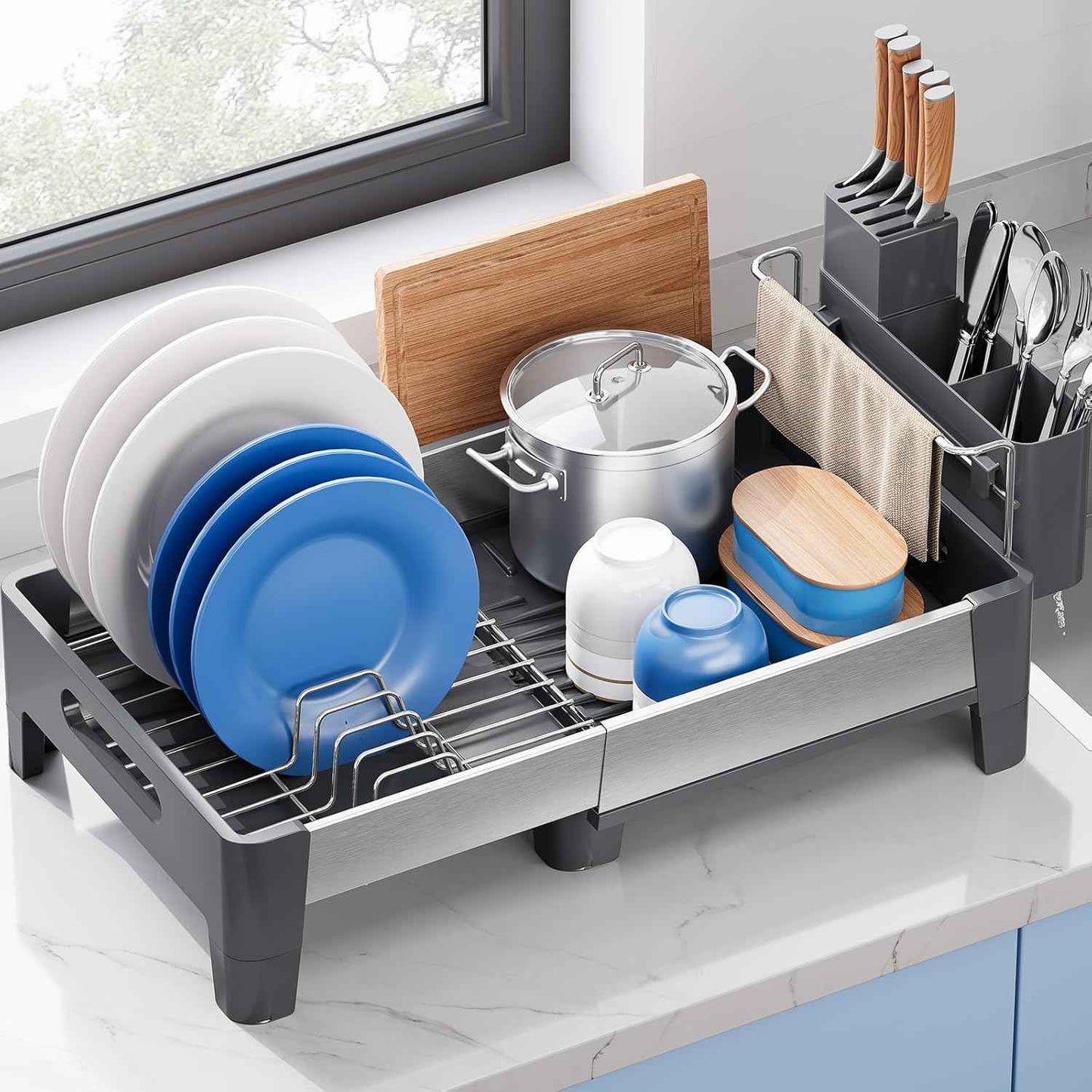 Urackify Expandable Dish Drying Rack, Stainless Steel Dish Rack with Aluminum Frame, Dish Drainer for Kitchen Counter, Space Saving Kitchen Drying Rack with Movable Utensil Holder, Gray