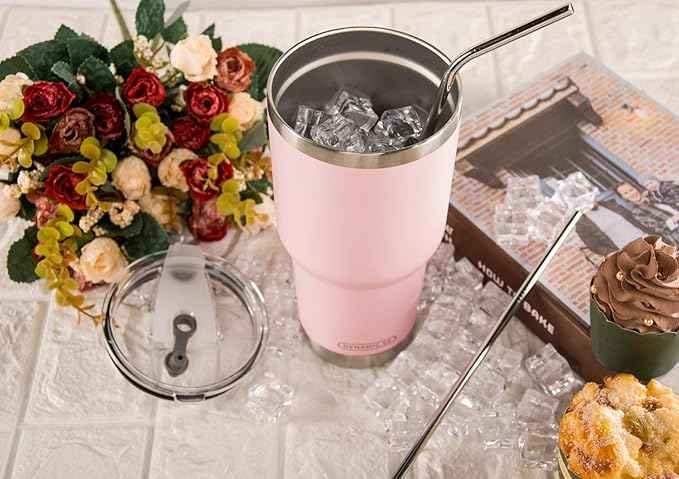 D·S 30oz Sakura Pink Tumbler Stainless Steel Double Wall Vacuum Insulated Mug with Straw and Lid, Cleaning Brush for Cold and Hot Beverages