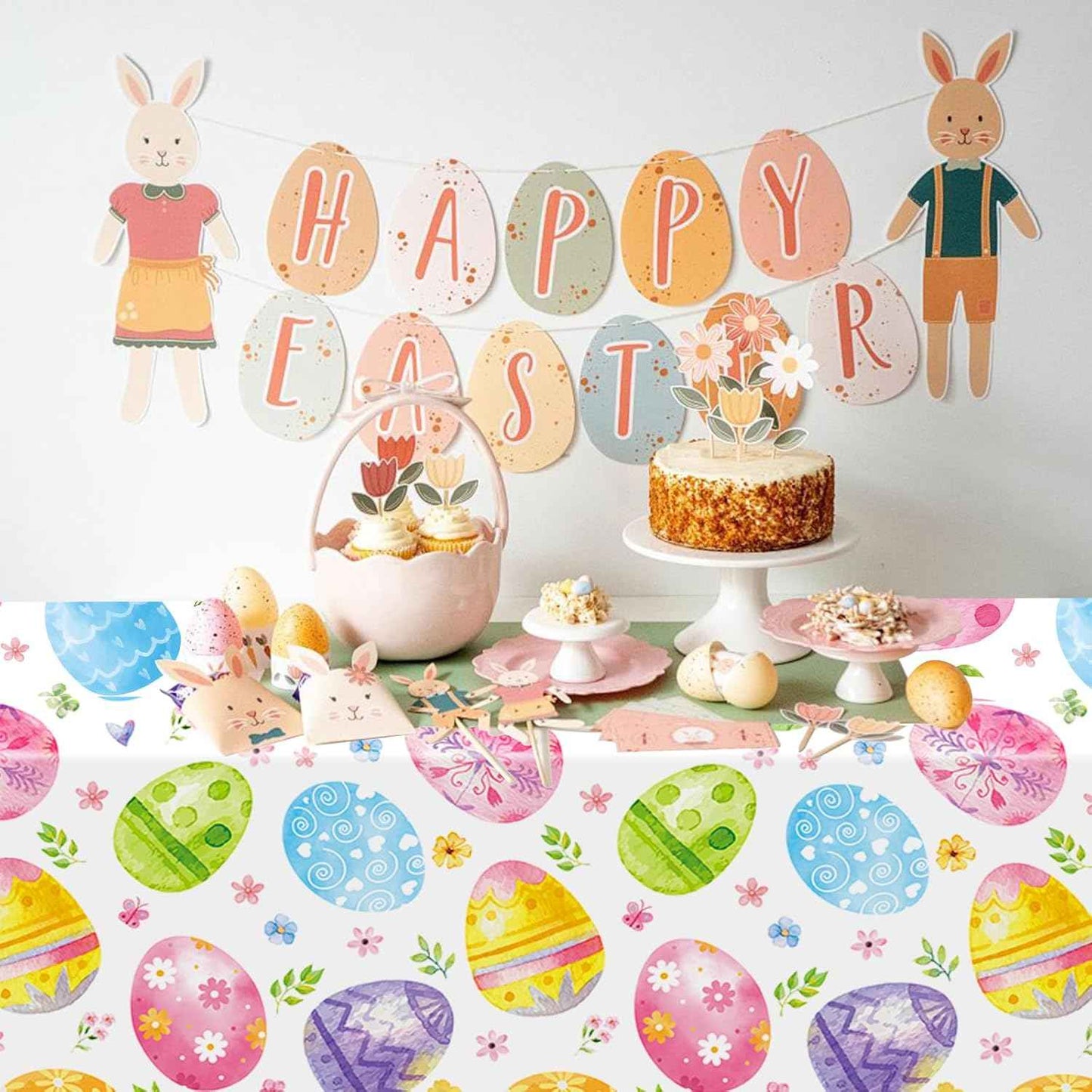 3 Pcs Easter Tablecloth - Colorful Eggs Plastic Table Cloth, 54 x 108 Inch Disposable Spring Easter Egg Rectangle Table Cover for Indoor or Outdoor Tables Decorations Spring Easters Party Supplies