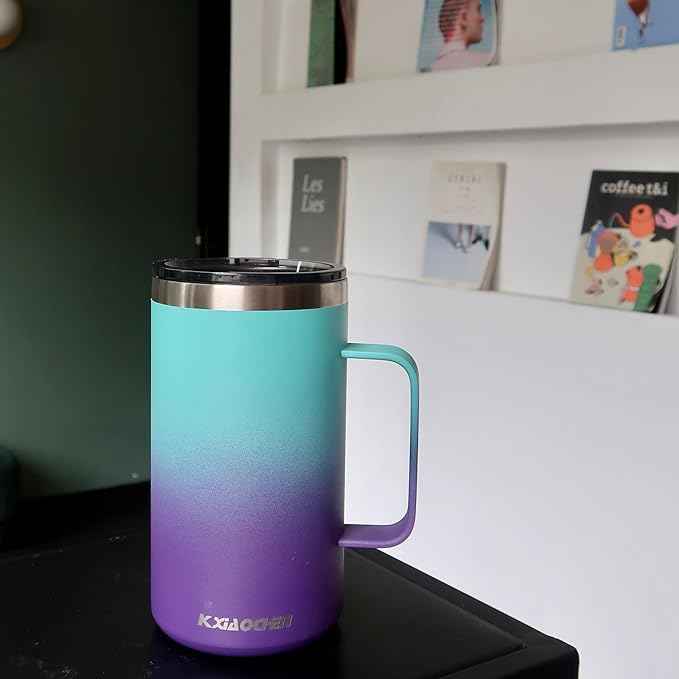 KXIAOCHEN 20oz Insulated Coffee Mug with Lid, Stainless Steel Coffee Cup, Double Wall Vacuum Coffee Tumbler with Handle, Premium Thermal Travel Coffee Mug (Blue Green+Purple)
