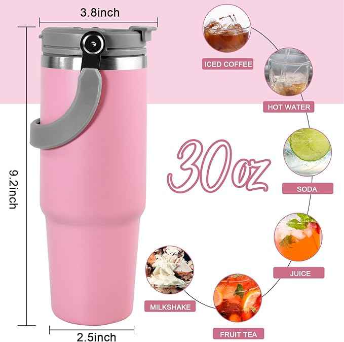 30 oz Tumbler with Handle and Straw Lid, Double Walled Vacuum Insulated Water Bottle Leakproof Tumbler Travel Coffee Mug Thermal Cup, Cupholder Friendly for Office, Home, Sport, Pink