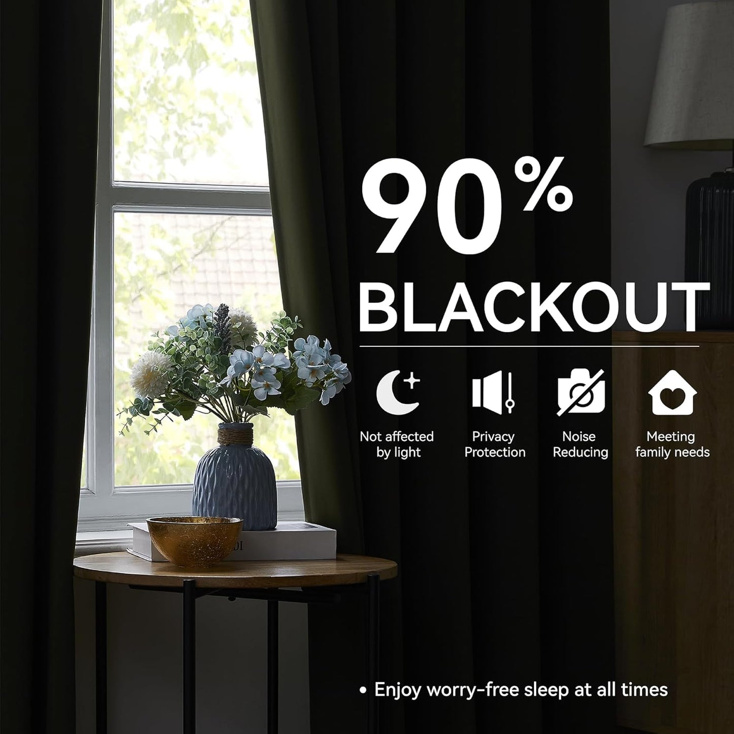 KangBang Olive Green Blackout Curtains 90 Inches Long for Bedroom, Pinch Pleated Thermal Insulated Memory Shape Draperies for Living Room Kitchen with Hooks(40”Wx90”L,2 Panels)
