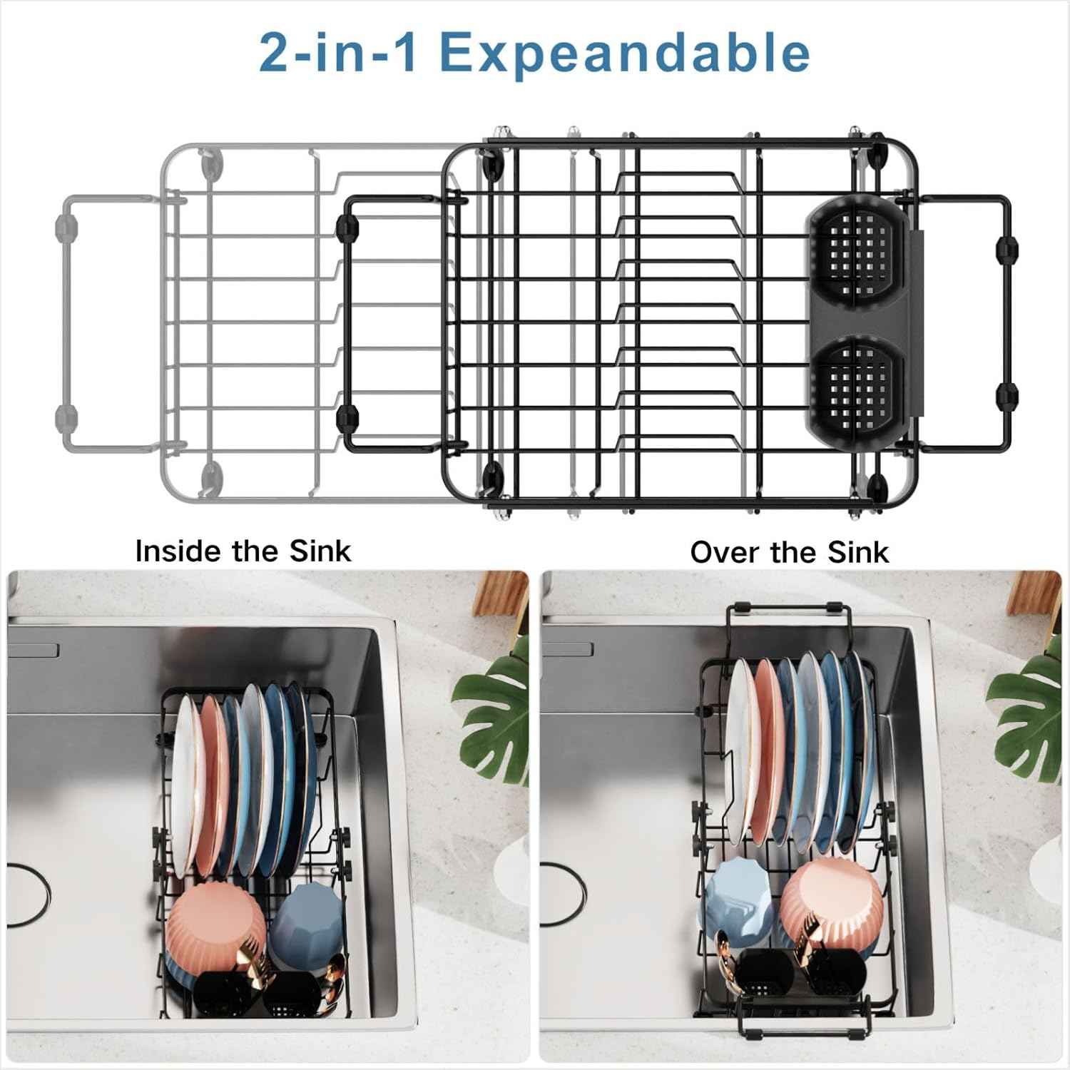 iSPECLE Small Sink Dish Drying Rack, 9.1" W Expandable Compact Rust Resistant Dish Drainer for RV Apartment Kitchen, Dish Rack with Lock Knob, Arms with Non Slip Rubber, Black