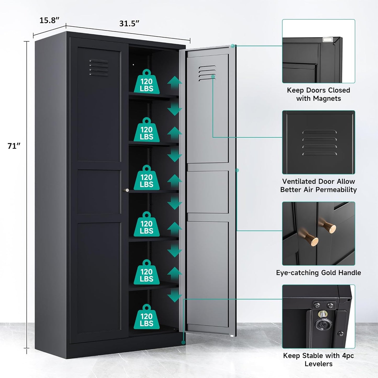 SISESOL Black Storage Cabinet,71" Tall Pantry Cabinet,Kitchen Pantry Storage Cabinets with 2 Doors and 6 Shelves,Wide Deep Metal Food Cupboard for Home,Kitchen,Dining/Living Room