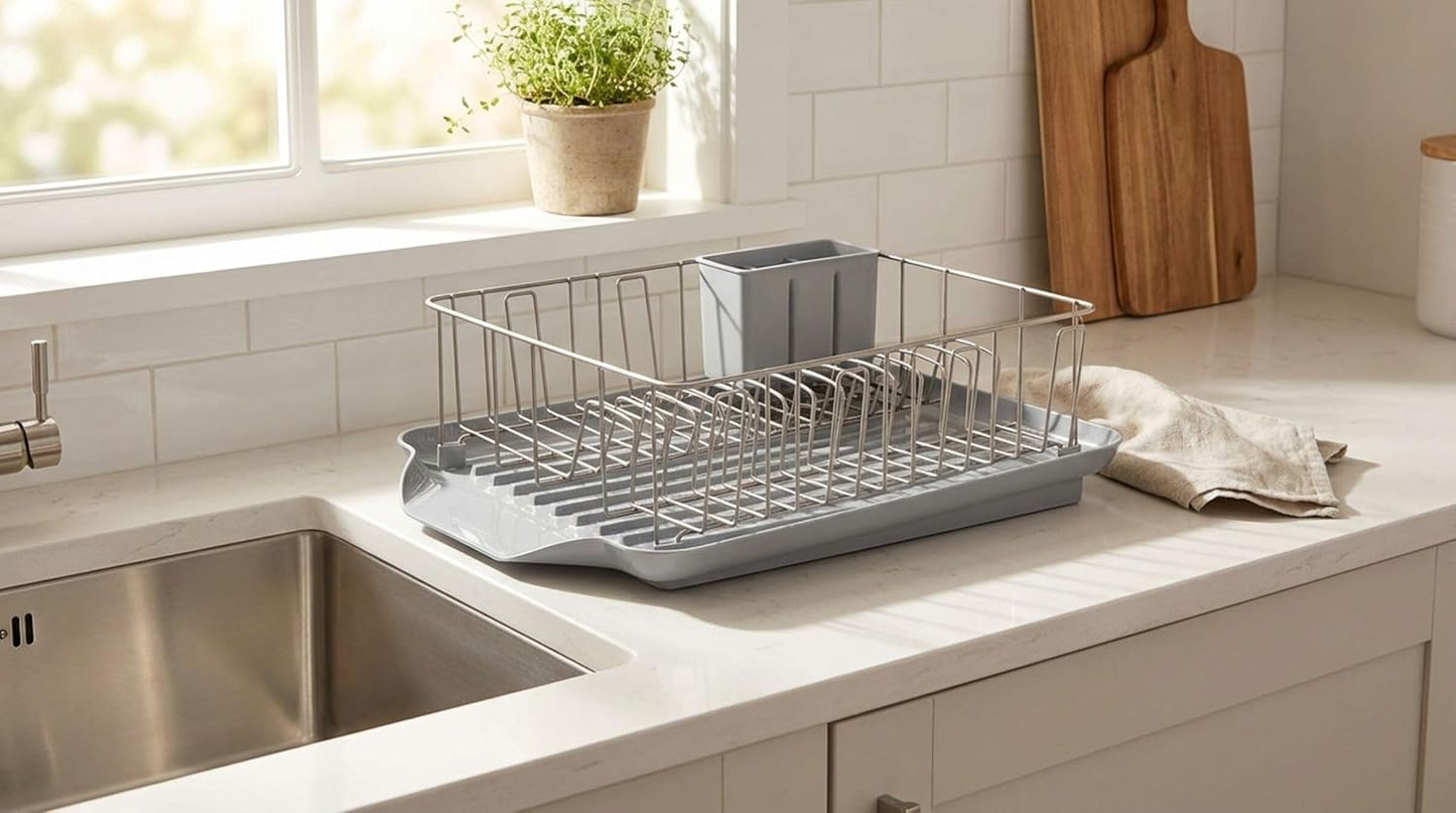 Farberware Classic 3-Piece Dish Drying Rack Set for Kitchen Counter, Gray - Rust-Resistant Wires, Self-Draining Board, Flatware Caddy, Non-Slip Feet
