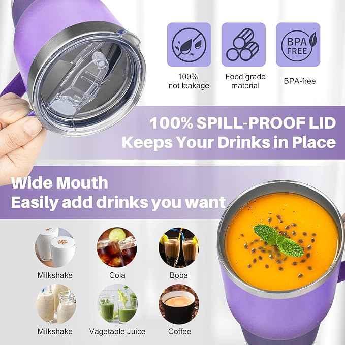 30 oz Stainless Steel Tumbler with Handle, Double Wall Vacuum Insulated Coffee Mug Tumbler with Lid and Straw, Thermal Cup for Cold and Hot (Purple Navy Blue)