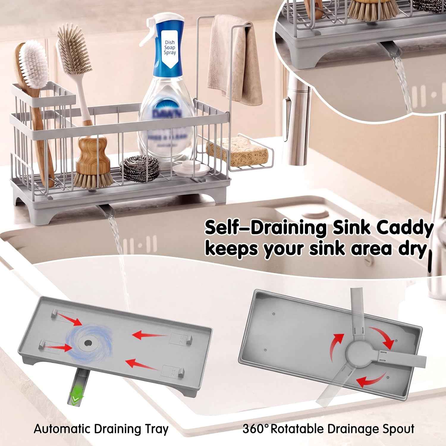 VOOWO Sponge Holder for Kitchen Sink, Compact Sink Caddy with Detachable Brush Holder and Towel Rack, Stainless Steel Kitchen Sink Organizer for Dish Sponge, Soap Dispenser Storage Accessories (Gray)