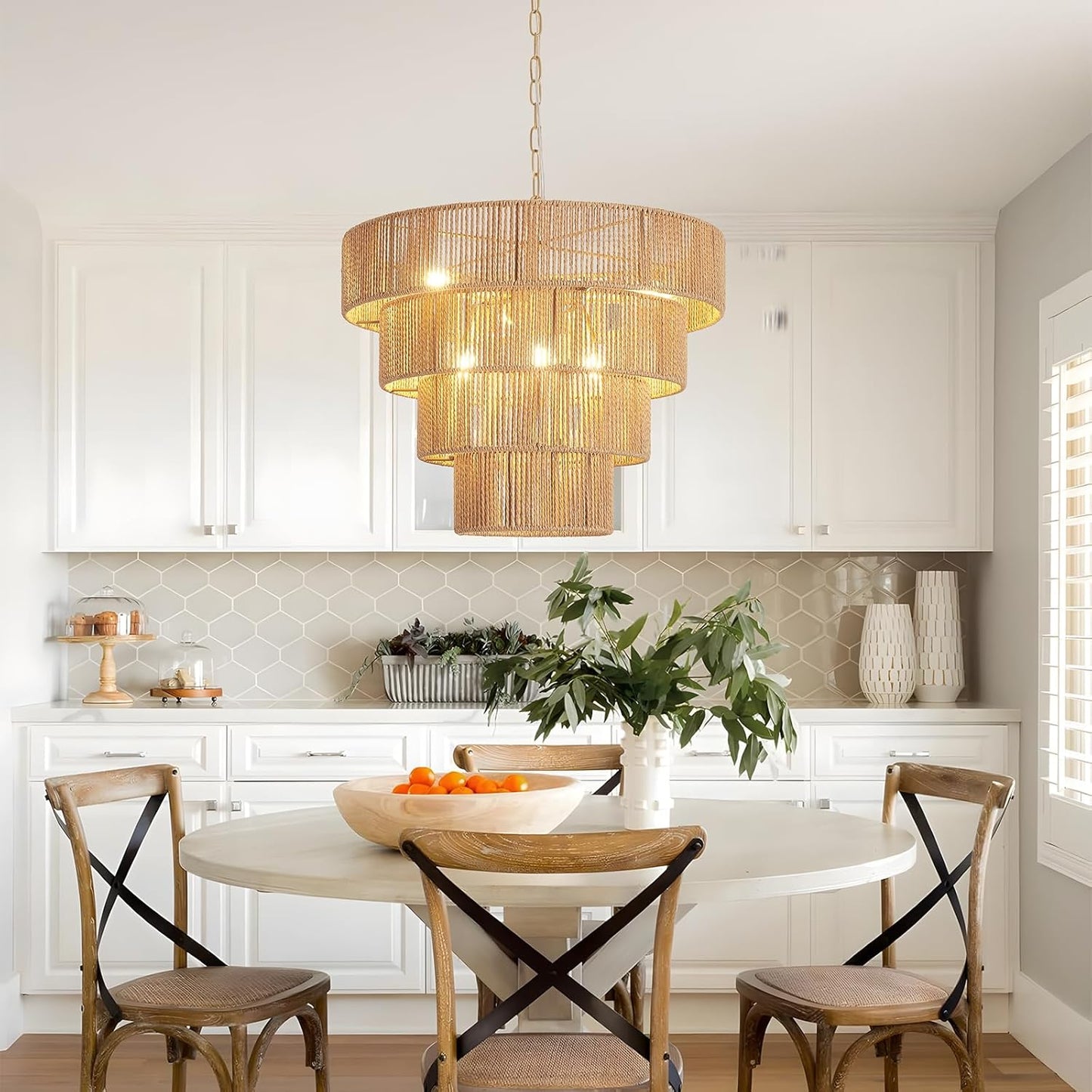 19.7” Boho Rattan Chandelier 6-Lights Hand-Woven Rattan Dining Room Light Fixture Vintage Farmhouse Chandelier Wicker Rustic Hanging Ceiling Pendant Light for Kitchen Island, Bedroom
