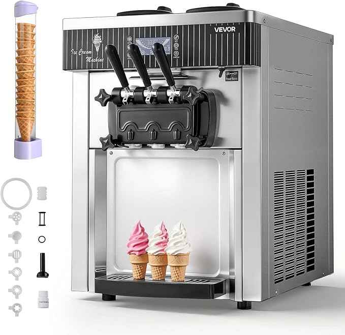 VEVOR Commercial Ice Cream Machine, 20-28L/H Yield, 2200W 3-Flavor Countertop Soft Serve Ice Cream Maker with 2 x 6L Hoppers & Hopper Agitation, Pre-Cooling Self-Cleaning for Snack Dessert Shops