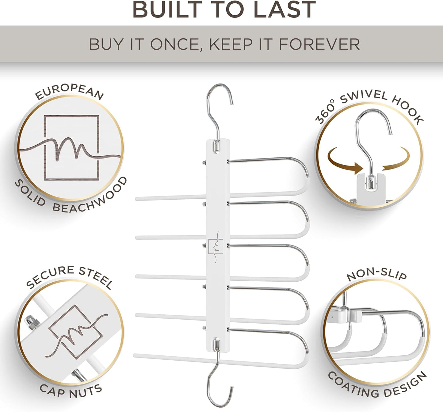 MORALVE Pants Hangers Space Saving - 2 Pack European Beechwood Scarf and Jean Hangers - Closet Organizer and Space Saver Pant Rack, Leggings Hanger, and Scarf Holder with 360° Swivel Hook