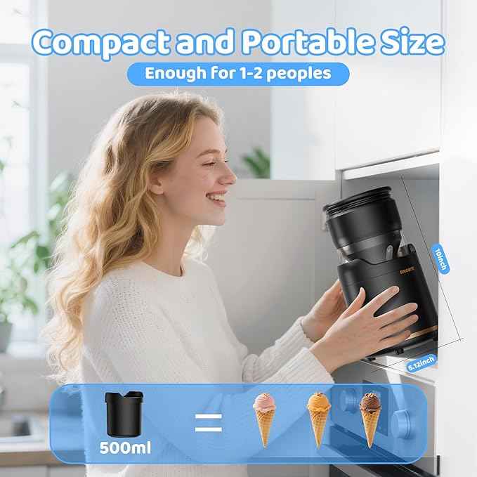 BRIOBITE Ice Cream Maker,Rechargeable Soft Ice Cream Machine with Low Noise,Compact for 1-2 Servings,Perfect for Sorbet,Gelato,Frozen Yogurt,Black