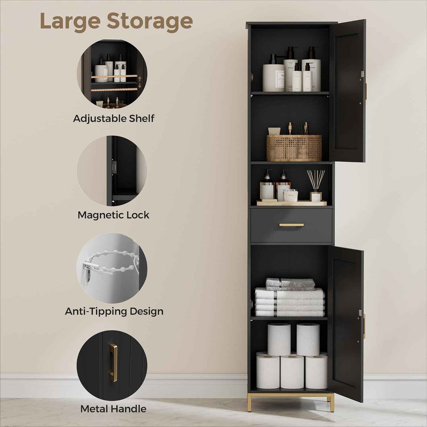 Homhedy 67" H Bathroom Storage Cabinet, Tall Storage Cabinet with Adjustable Shelves, Freestanding Cabinet with Doors and Drawer, Narrow Cabinet for Bathroom, Living Room, Kitchen, Dining Room, Black