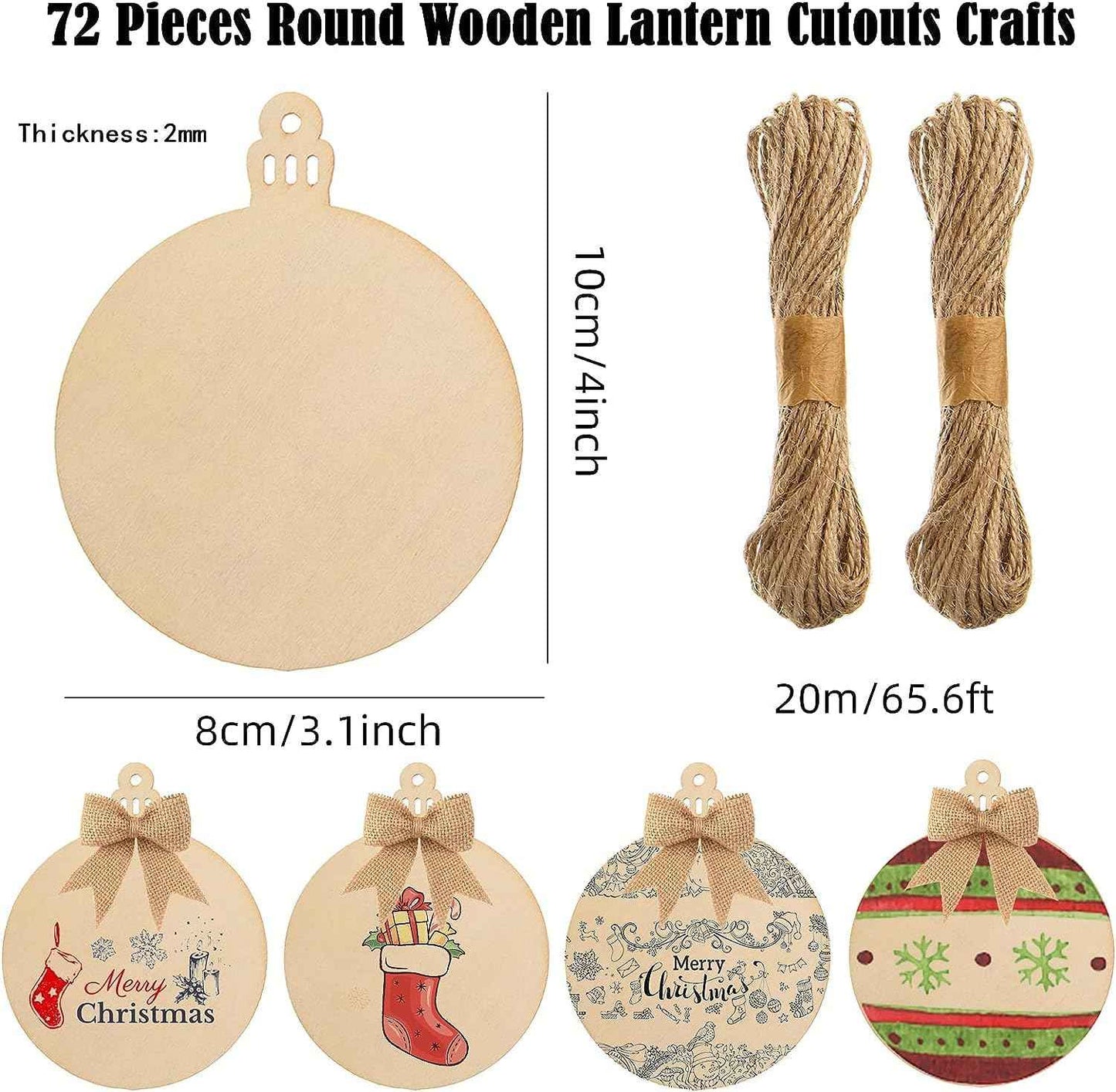 72 Pcs Unfinished Wooden Circles with Holes - Blank Round Wood Discs Slices - Wooden Christmas Hanging Ornaments with Twine for DIY Crafts Present Tags Xmas Party Decor, 3.1x4