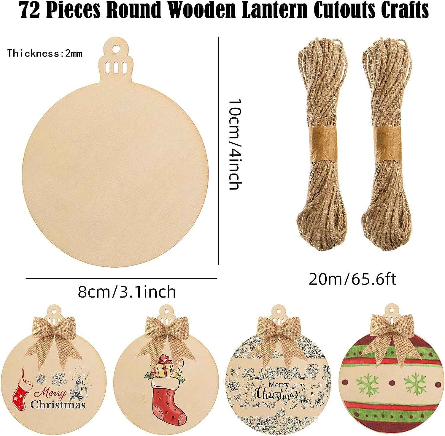 72 Pcs Unfinished Wooden Circles with Holes - Blank Round Wood Discs Slices - Wooden Christmas Hanging Ornaments with Twine for DIY Crafts Present Tags Xmas Party Decor, 3.1x4