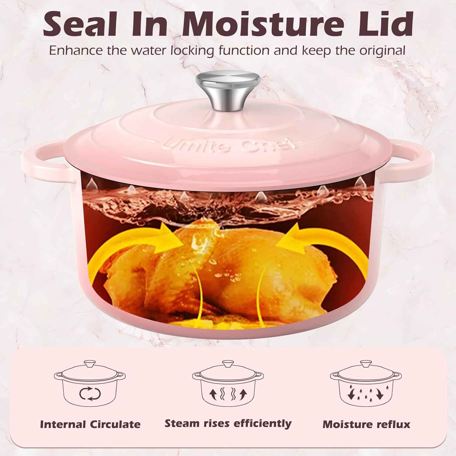 Umite Chef 5QT Enameled Cast Iron Dutch Oven Pot with Lid, Heavy-Duty Cookware for Bread Baking, Braising, Stews, Roasting, Wedding Registry Ideas & Gifts (Pink)