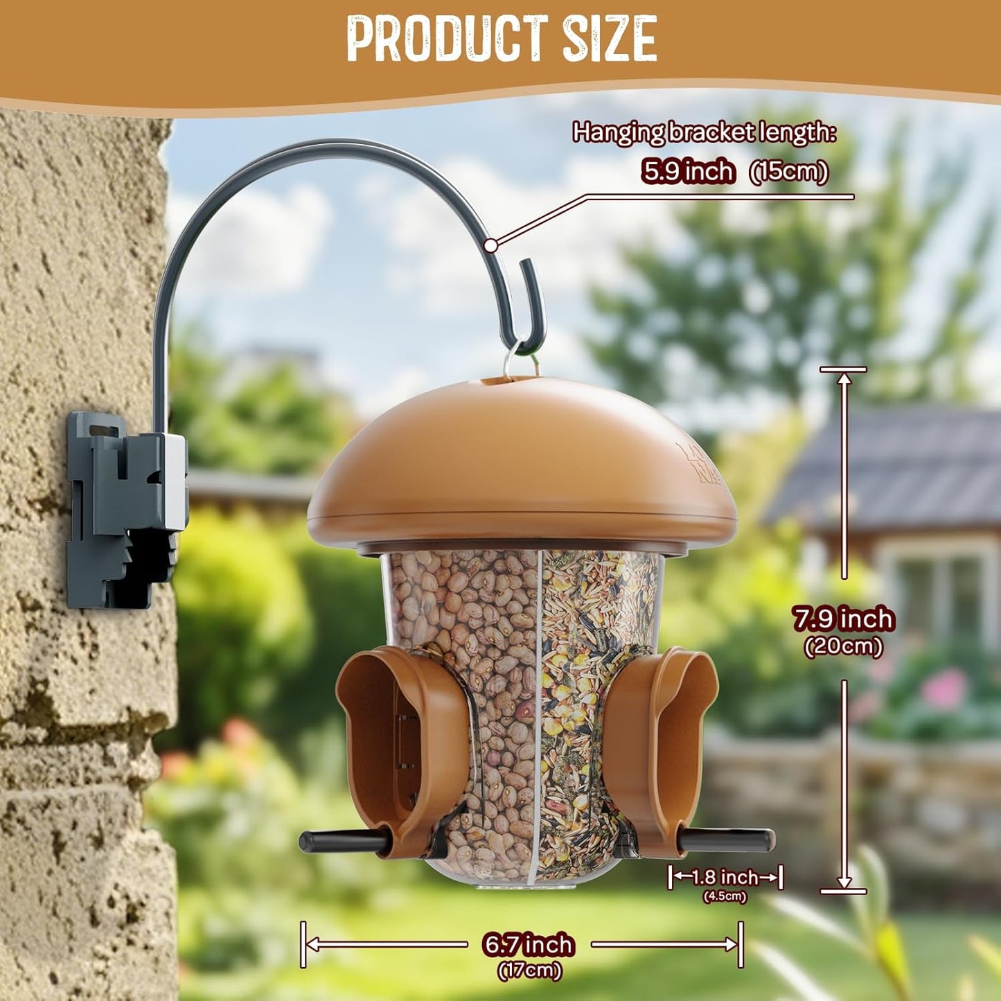 LONA Bird Feeders for Outdoors Hanging – 3 Separate Compartments, 3 Feeding Ports, Weatherproof Dome & 3 Ways to Hang, Large Capacity for Cardinals/Finches (Brown