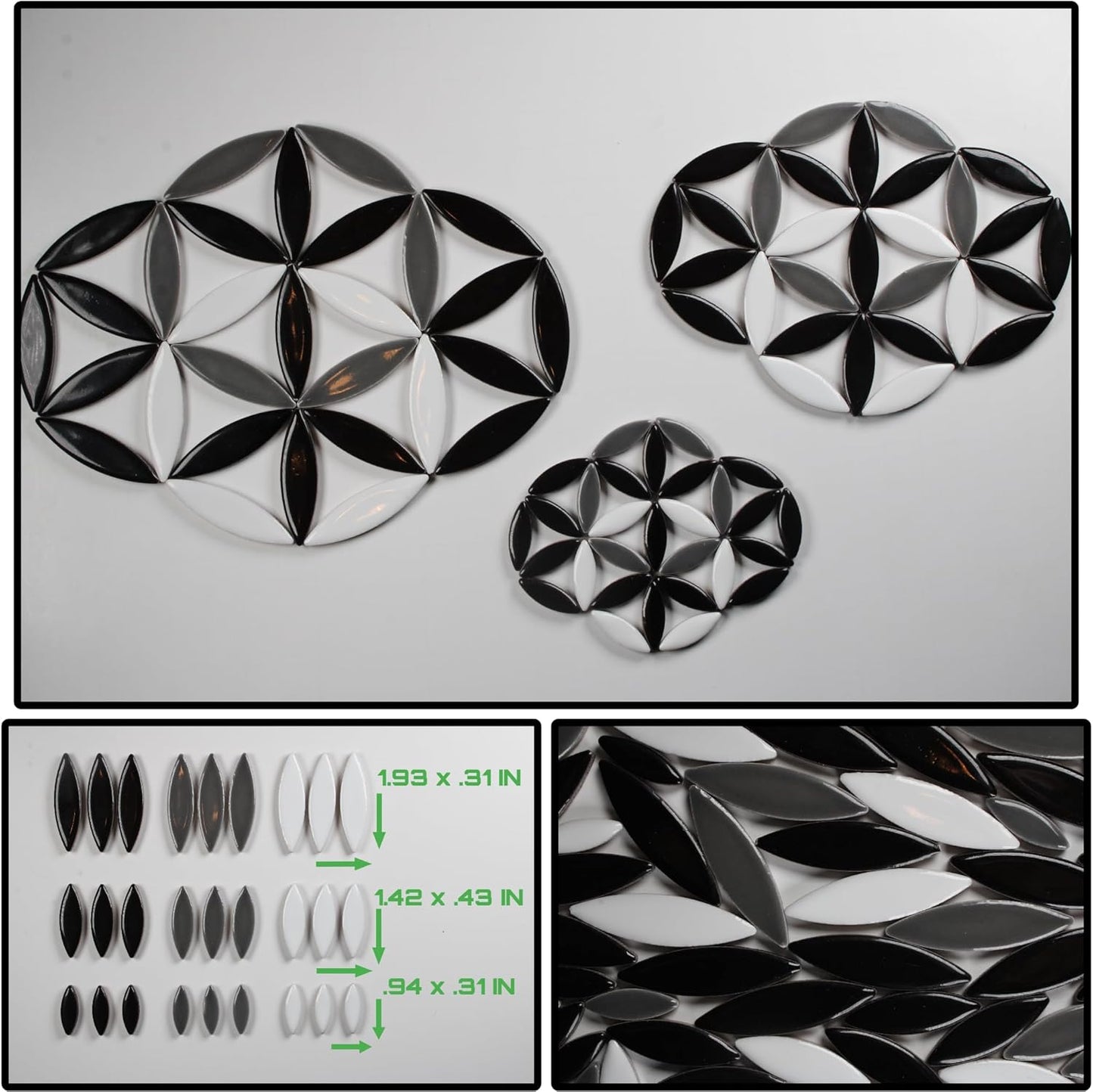 VerzTile Mosaic Tiles for Crafts - Petal Shaped Ceramic Tile Craft Hobbies & Art Projects 39 Color Options Endless Creativity DIY Design (Black White & Gray)