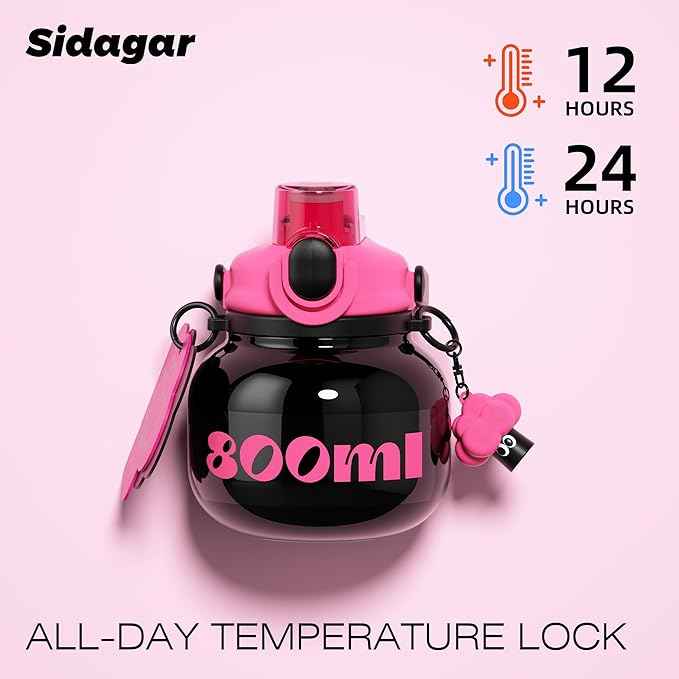 27 oz Water Bottle with Straw and Carry Handle, Black Wide Mouth Vacuum Insulated Stainless Steel Bottles Easy Carry Tumbler for Women
