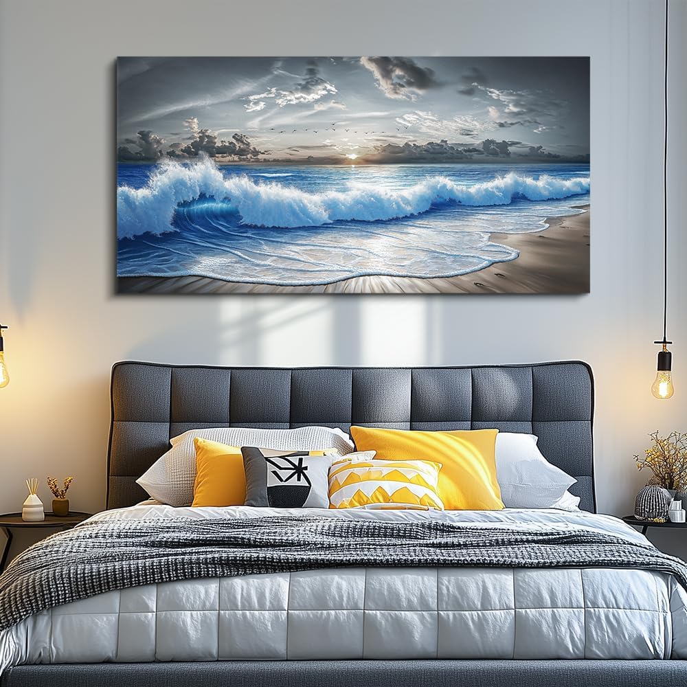 PHAOHUAXM Wall Decor For Living Room Wall Art For Bedroom Office Restaurant Decoration Black White And Blue Ocean Wave Landscape Painting Canvas Pictures Printing Artworks Modern Home Decor 20"X40"