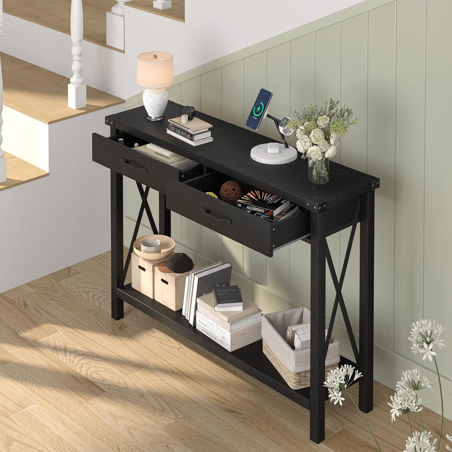 Farmhouse Console Table with 2 Drawers – Narrow Wood Sofa Table – Storage Shelf – Classic Entryway or Living Room Accent Furniture – Black